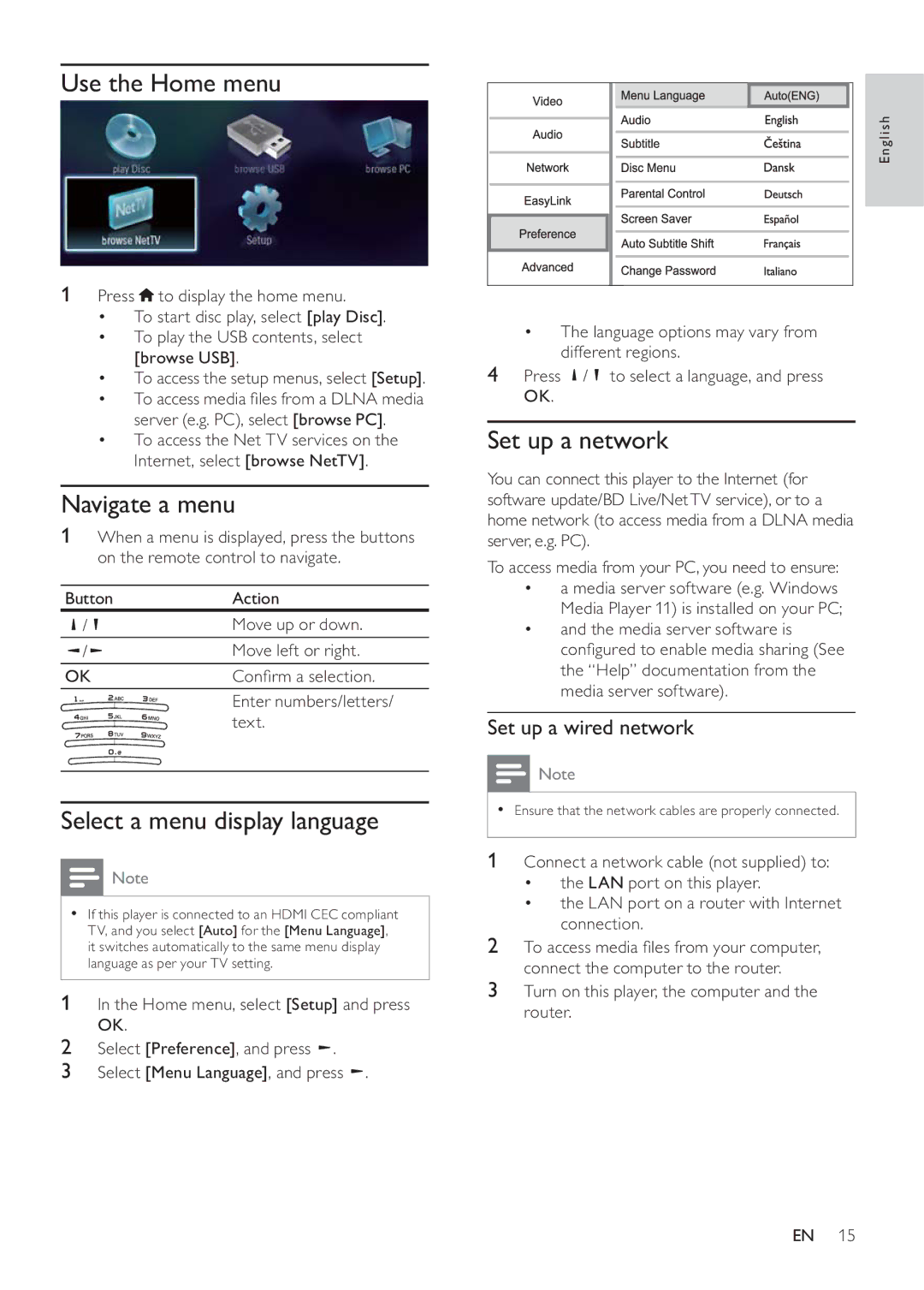 Philips BDP9600 manual Use the Home menu, Navigate a menu, Select a menu display language, Set up a network 