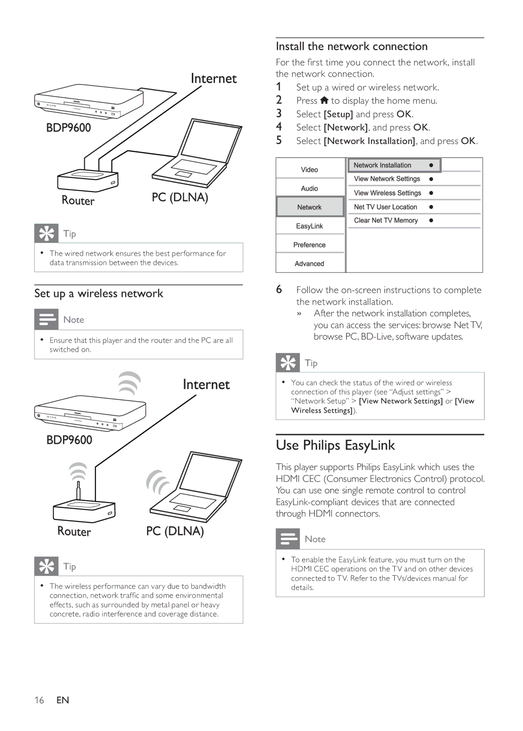 Philips BDP9600 manual Use Philips EasyLink, Set up a wireless network, Install the network connection, 16 EN 