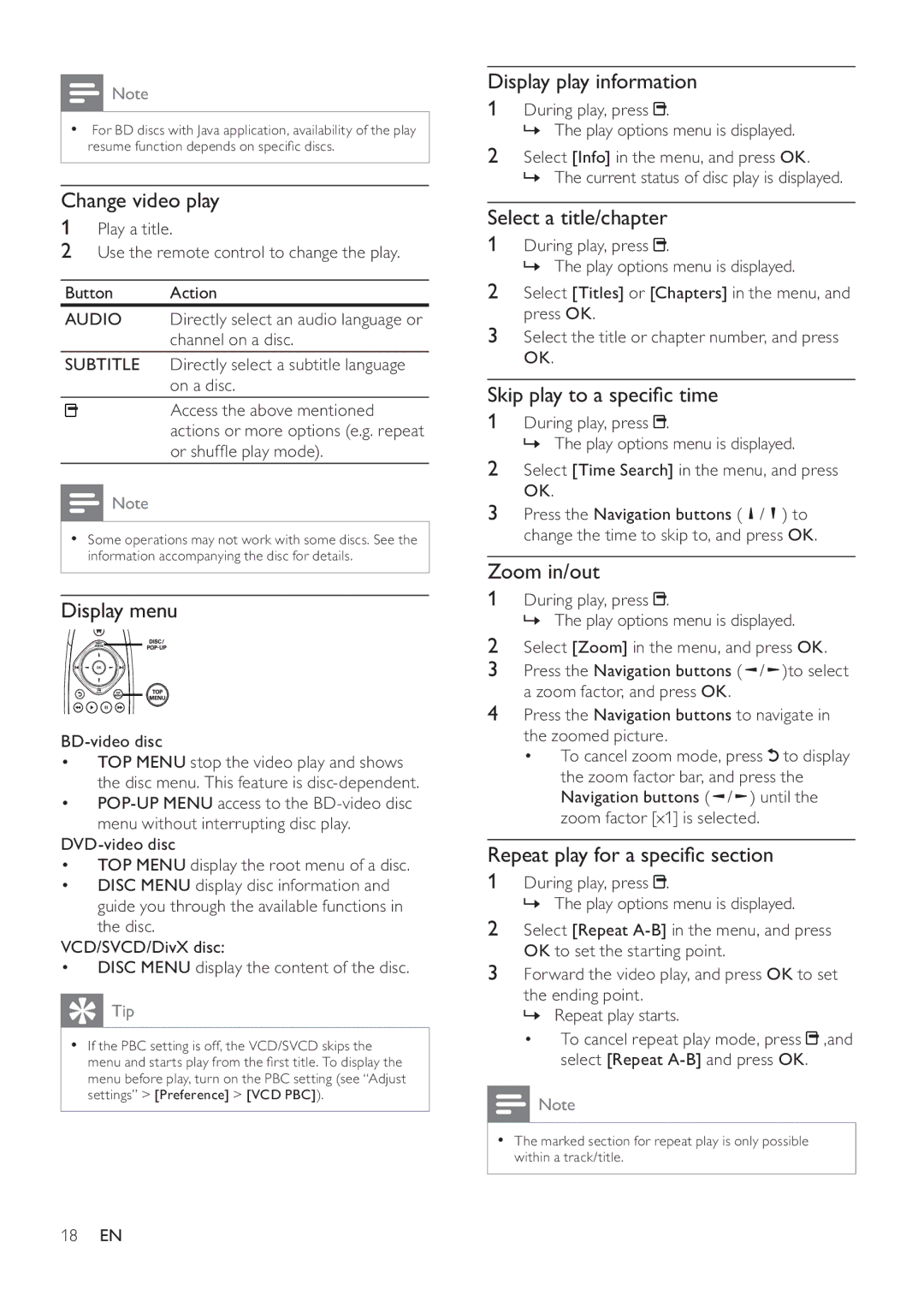 Philips BDP9600 manual Change video play, Display menu, Display play information, Select a title/chapter, Zoom in/out 