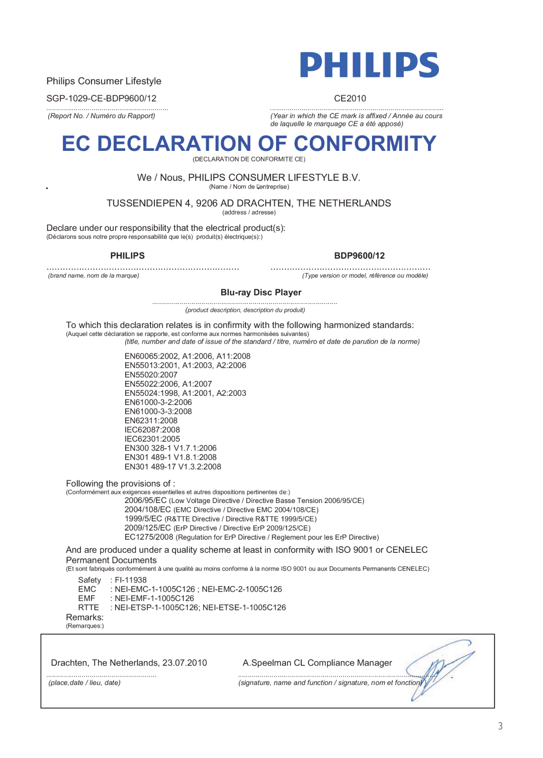 Philips BDP9600 manual EC Declaration of Conformity 