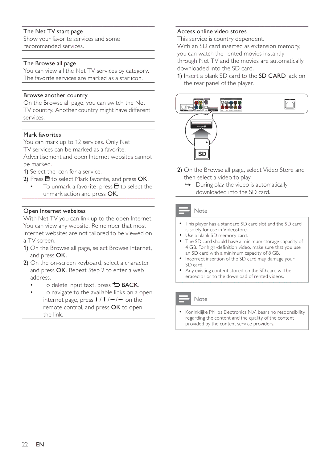 Philips BDP9600 manual 22 EN, Incorrect insertion of the SD card may damage your SD card 