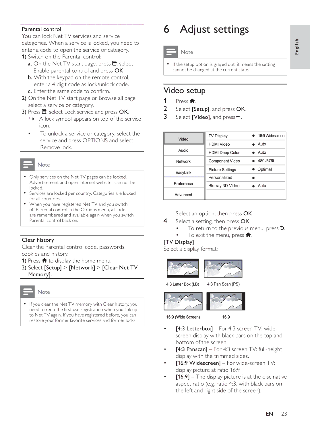 Philips BDP9600 manual Adjust settings, Video setup 