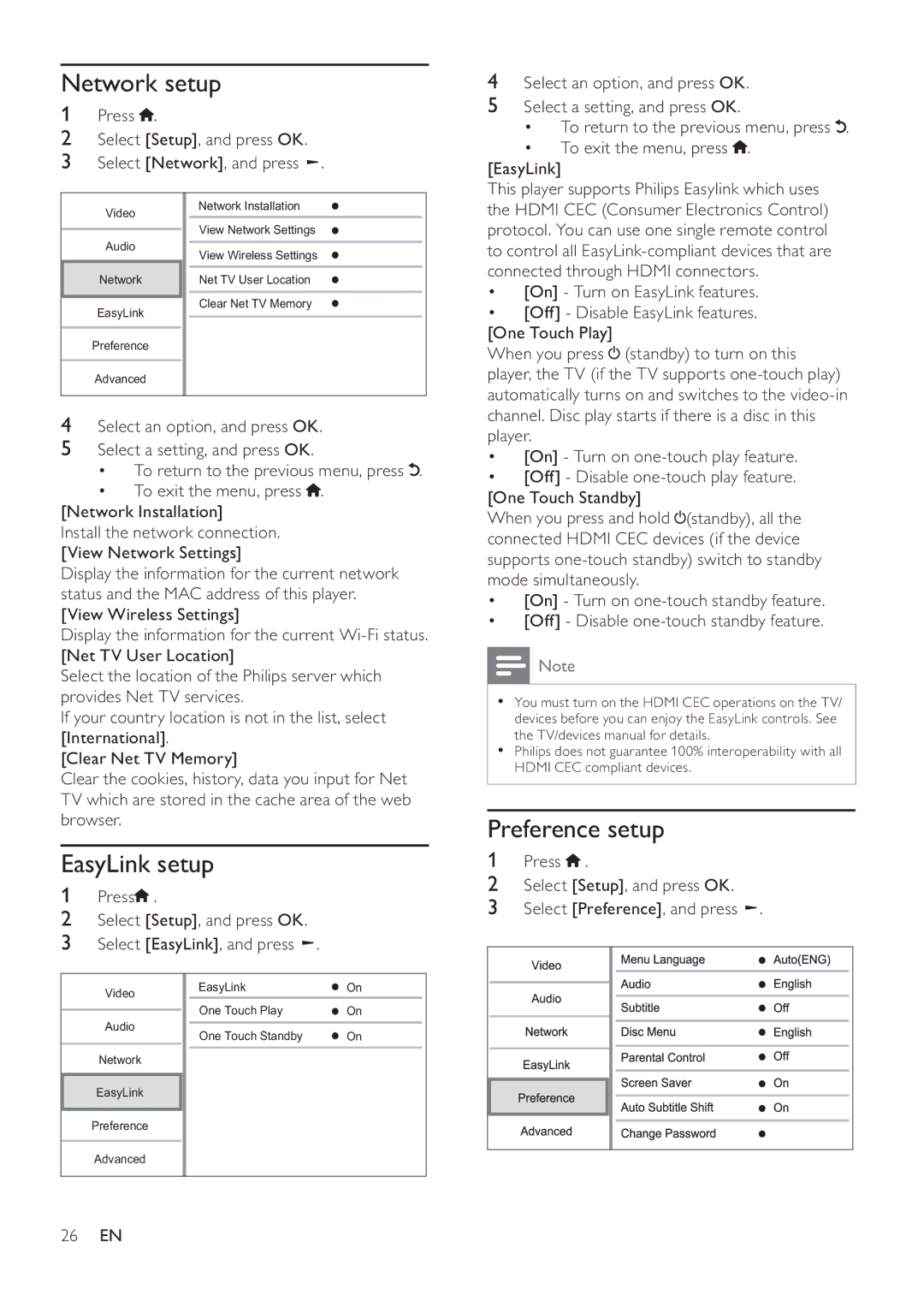 Philips BDP9600 manual Network setup, EasyLink setup, Preference setup 