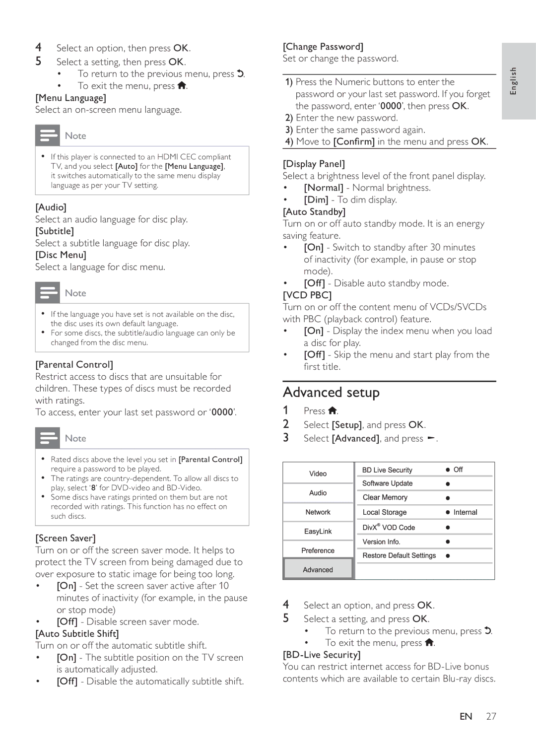 Philips BDP9600 manual Advanced setup, Screen Saver 