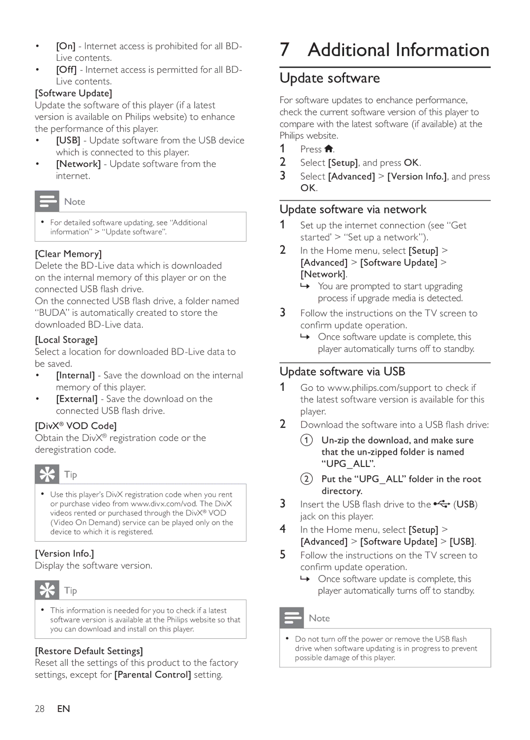 Philips BDP9600 manual Additional Information, Update software via network, Update software via USB 