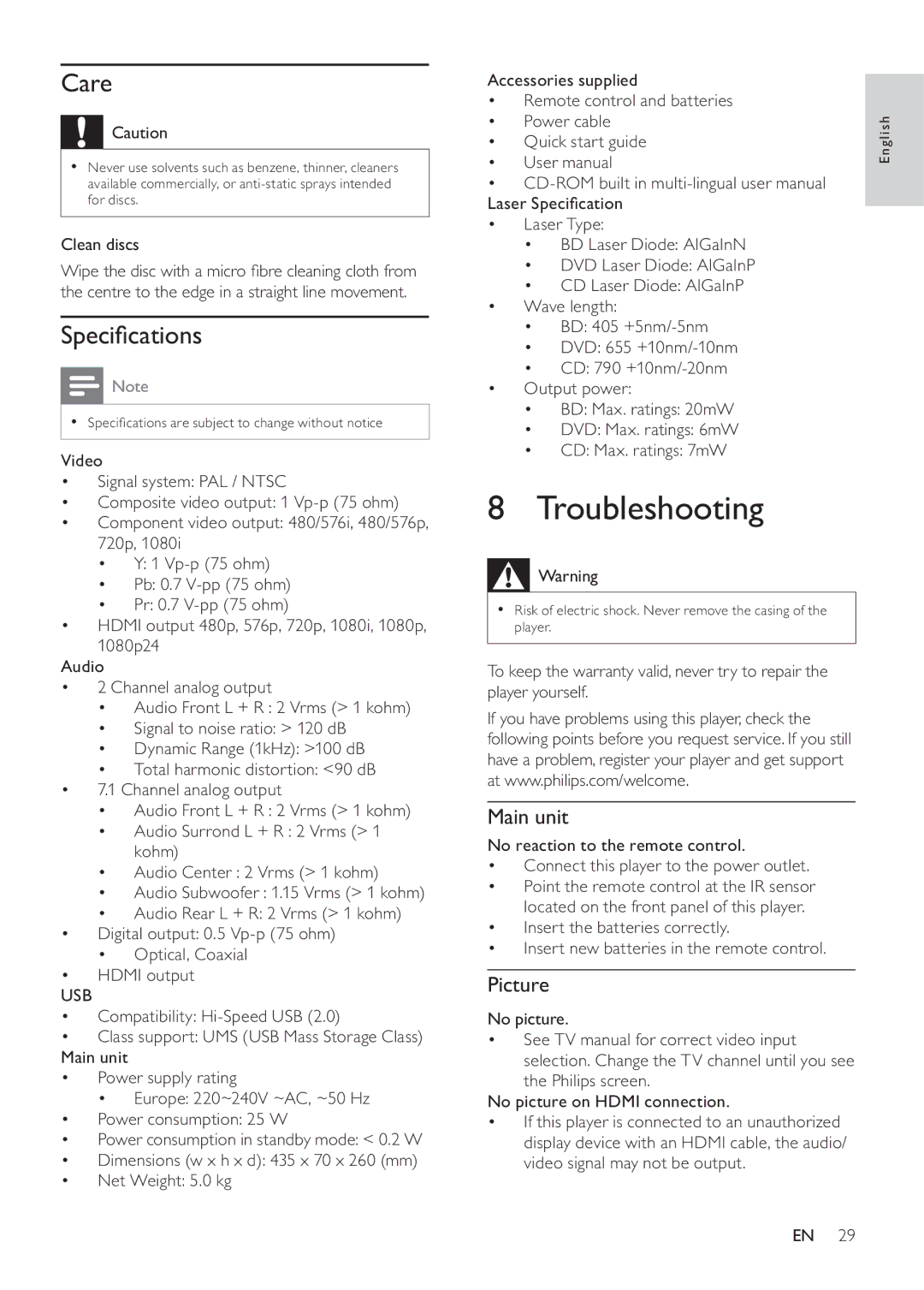 Philips BDP9600 manual Troubleshooting, Care, Speciﬁcations, Picture, Usb 