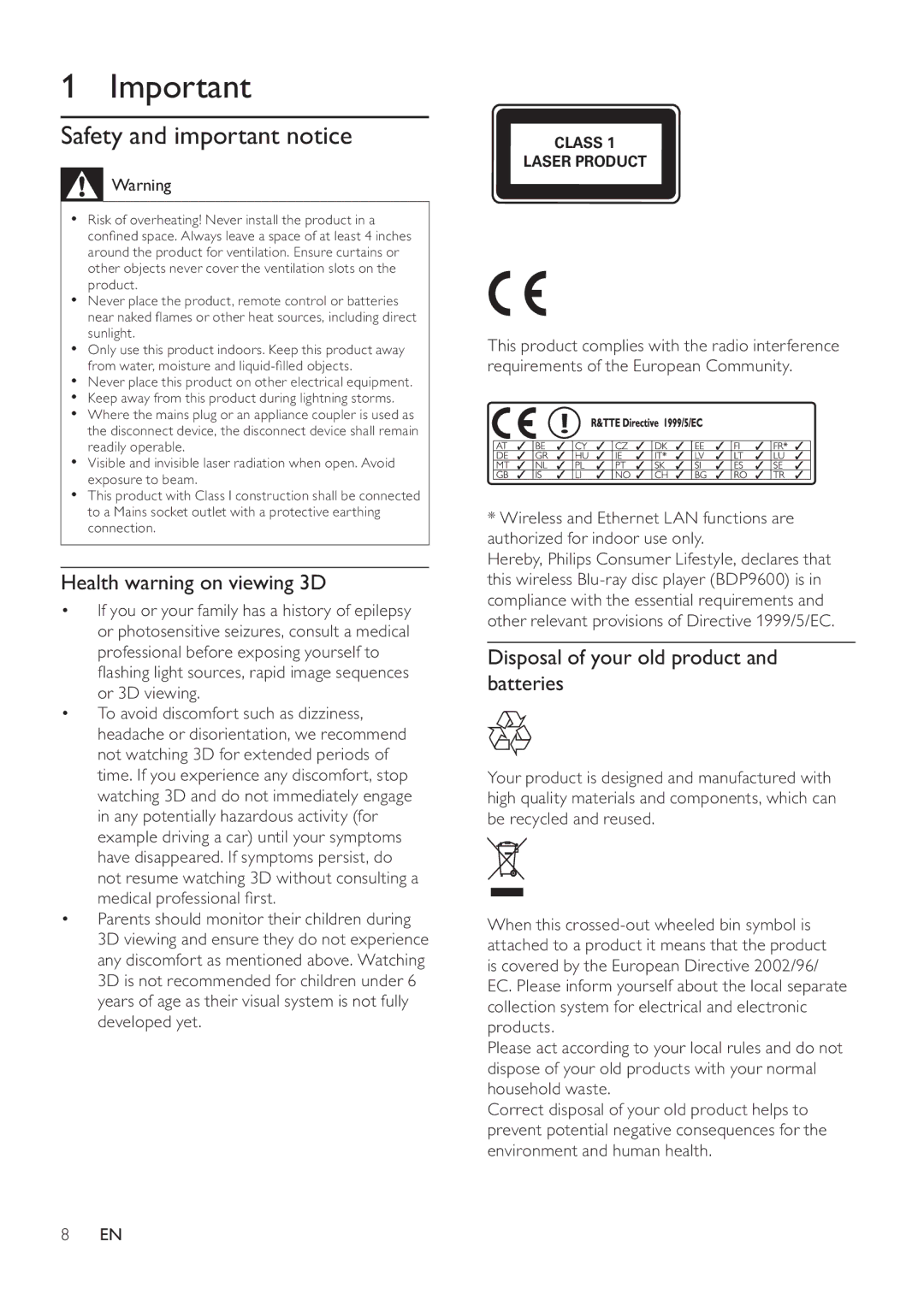 Philips BDP9600 Safety and important notice, Health warning on viewing 3D, Disposal of your old product and batteries 