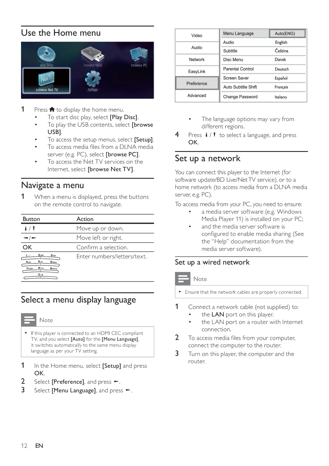 Philips BDP9600 user manual Use the Home menu, Navigate a menu, Select a menu display language, Set up a network 