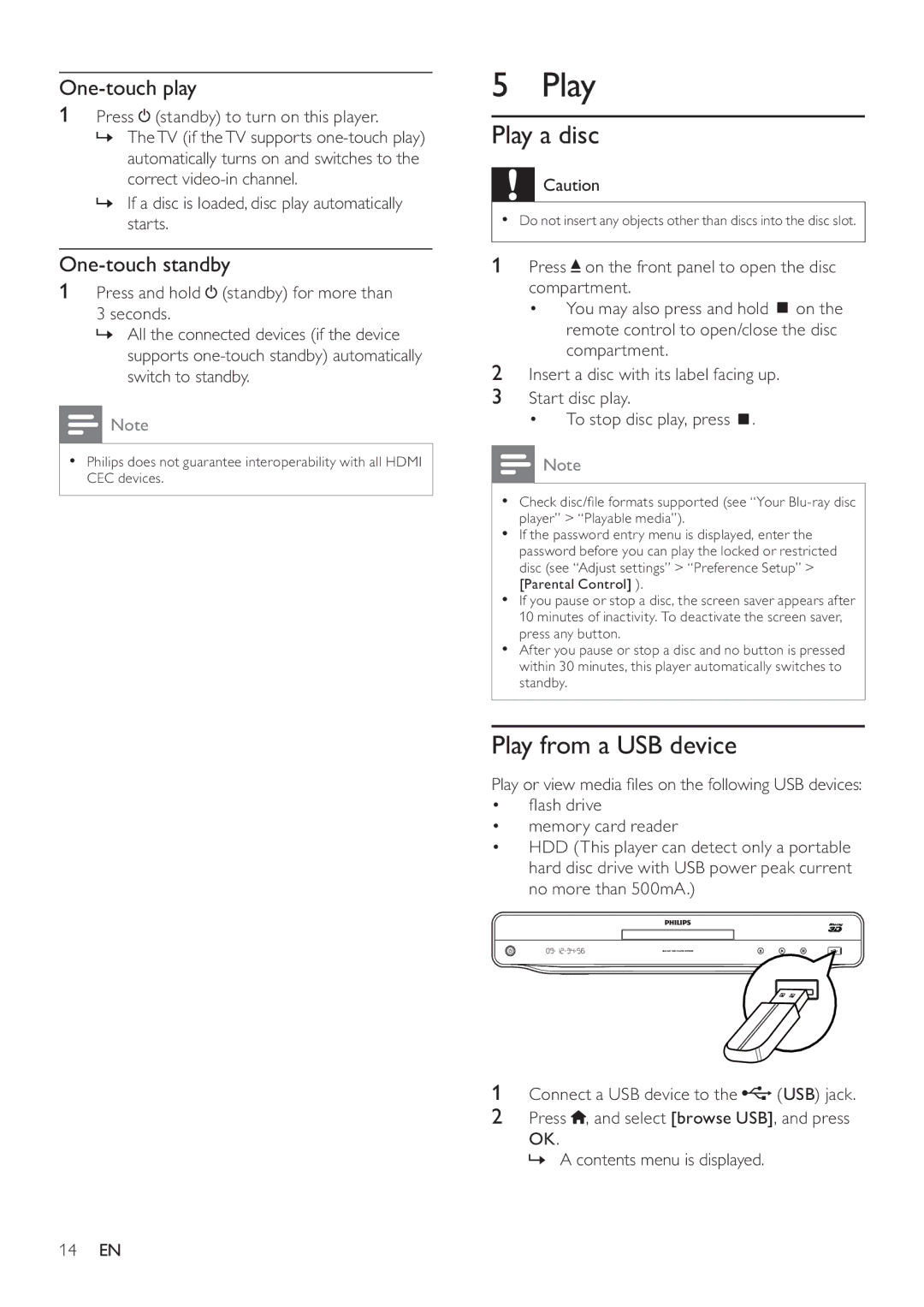 Philips BDP9600 user manual Play a disc, Play from a USB device, One-touch play, One-touch standby 