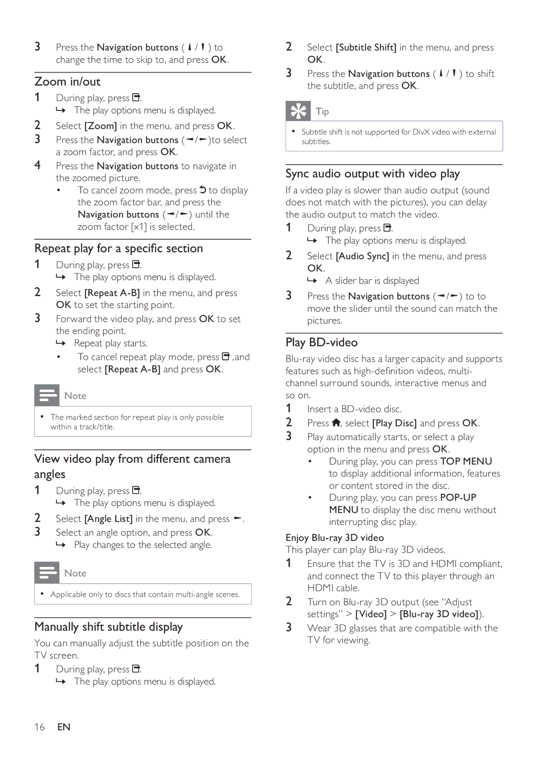 Philips BDP9600 user manual Zoom in/out, Repeat play for a speciﬁc section, View video play from different camera angles 