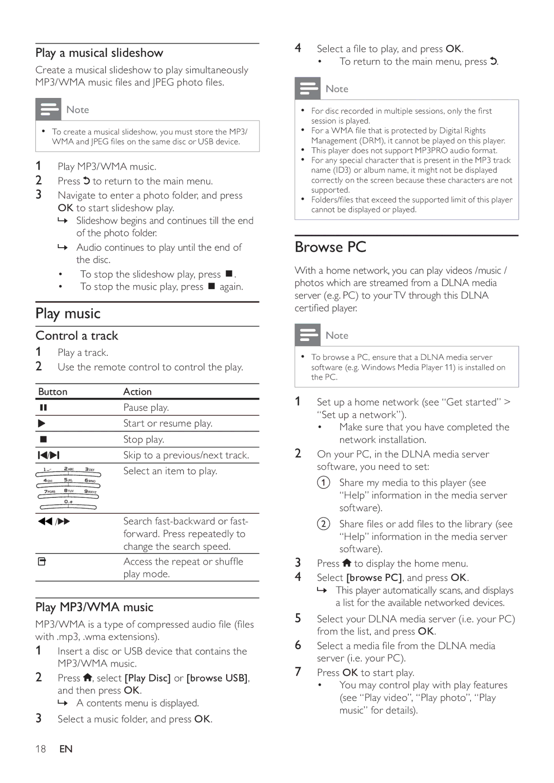 Philips BDP9600 user manual Play music, Browse PC, Play a musical slideshow, Control a track, Play MP3/WMA music 