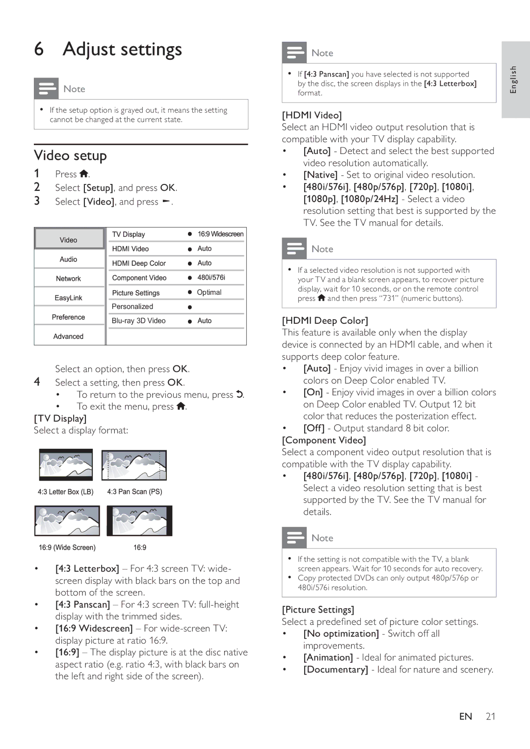 Philips BDP9600 user manual Adjust settings, Video setup 