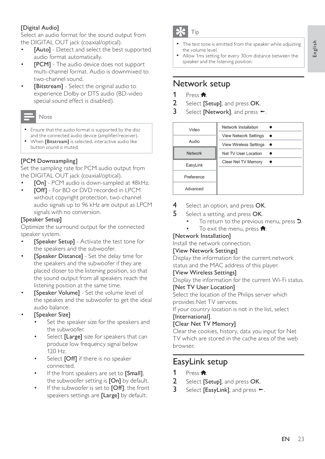 Philips BDP9600 user manual Network setup, EasyLink setup, Press Select Setup, and press OK Select Network, and press 