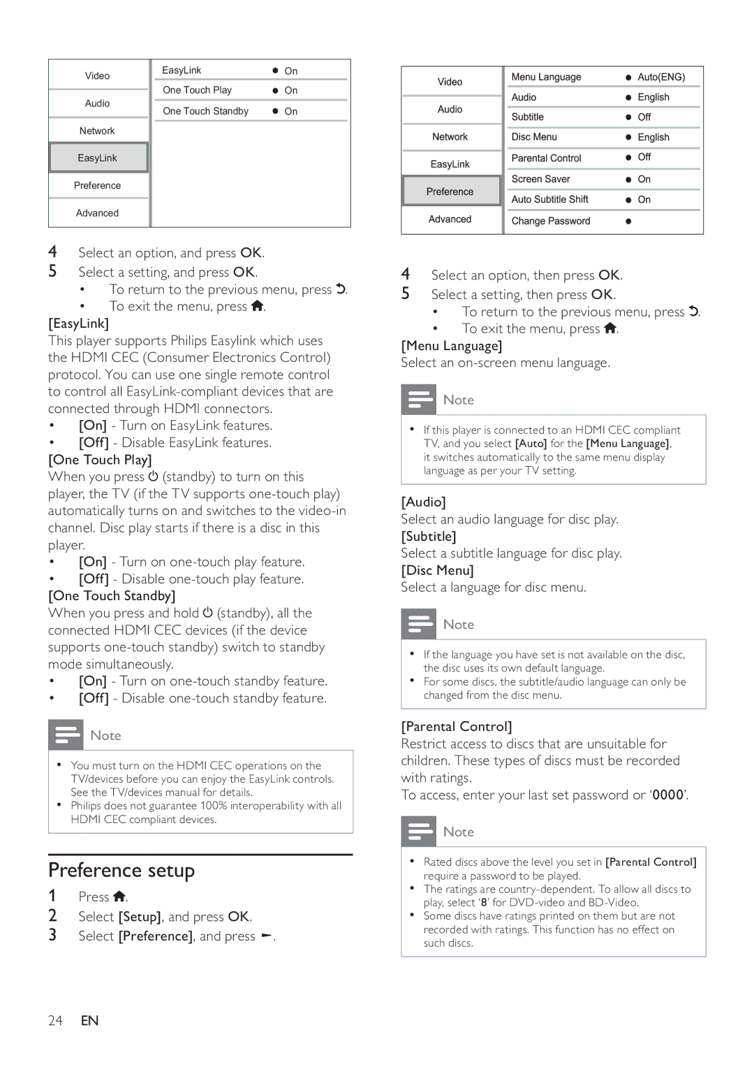 Philips BDP9600 user manual Preference setup, To exit the menu, press . EasyLink 