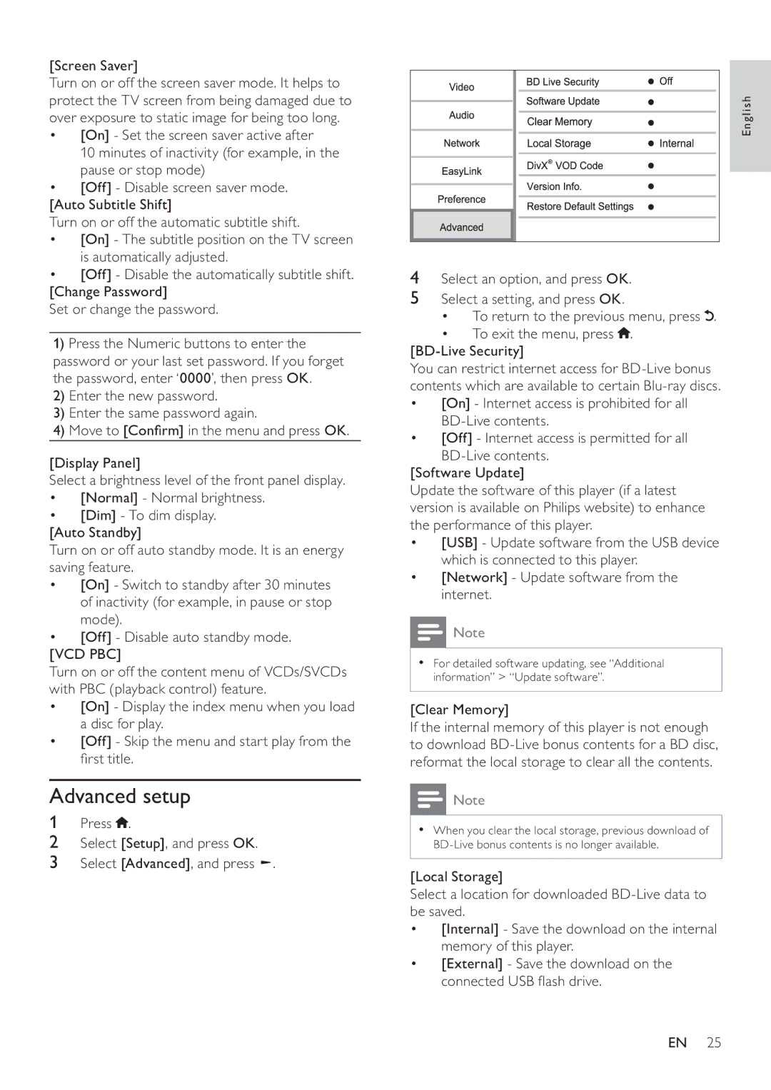 Philips BDP9600 Advanced setup, Screen Saver, Press Select Setup, and press OK Select Advanced, and press, Clear Memory 