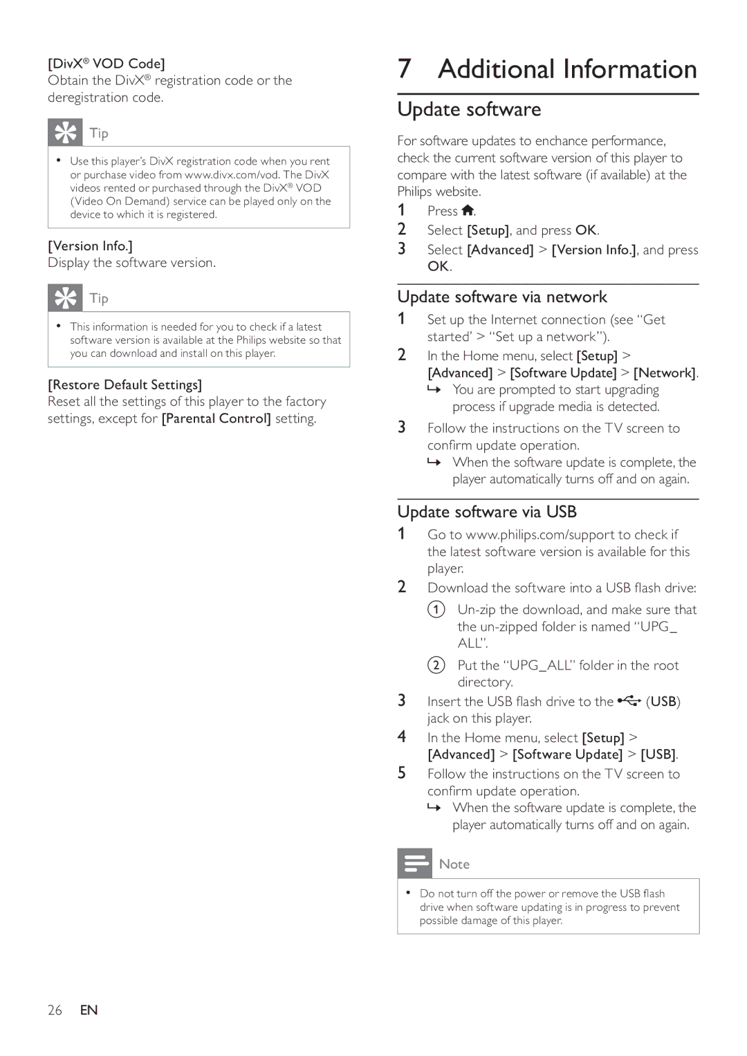 Philips BDP9600 user manual Additional Information, Update software via network, Update software via USB 