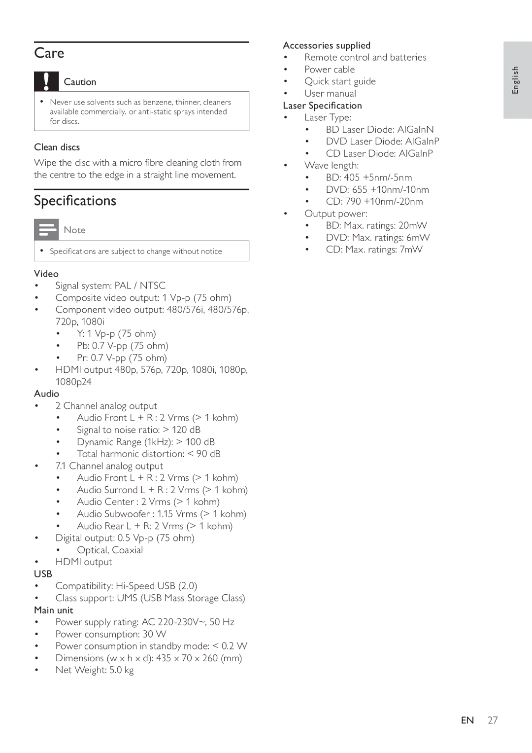 Philips BDP9600 user manual Care, Speciﬁcations, Clean discs 