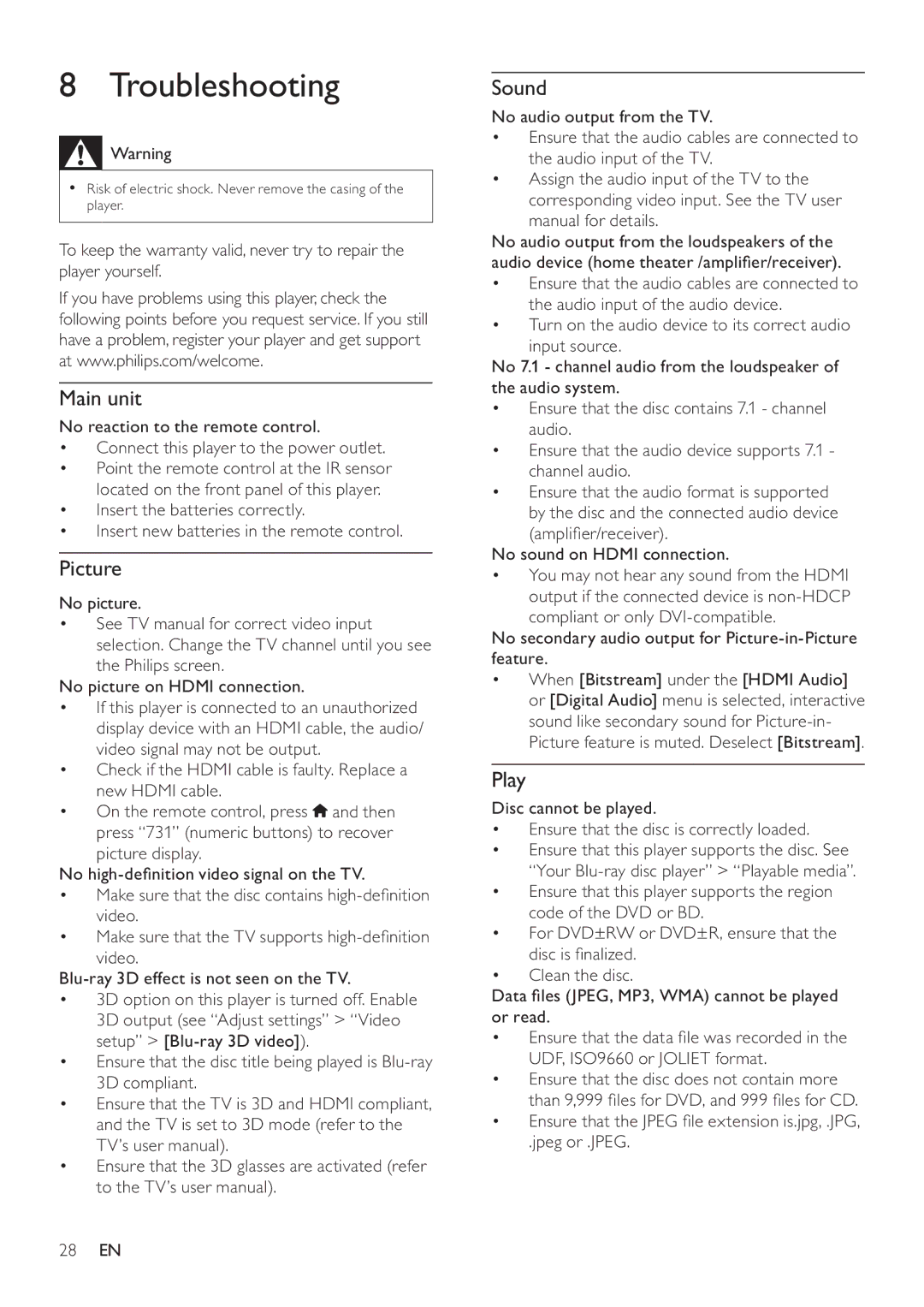 Philips BDP9600 user manual Troubleshooting, Picture, Sound, Play 