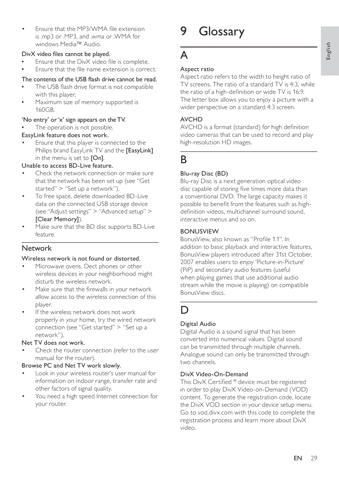 Philips BDP9600 user manual Glossary, Network, Aspect ratio 