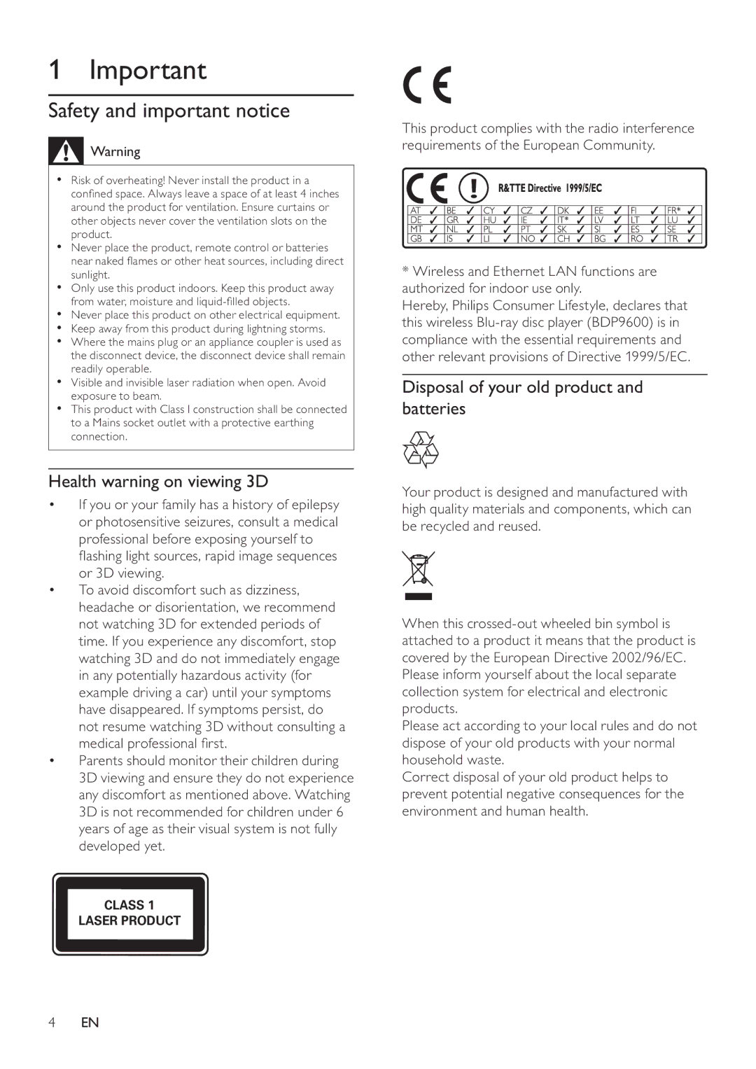 Philips BDP9600 Safety and important notice, Health warning on viewing 3D, Disposal of your old product and batteries 