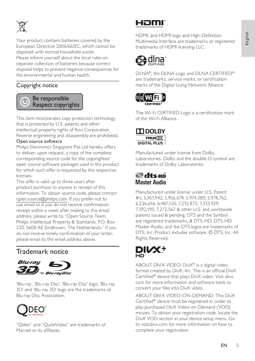 Philips BDP9600 user manual Trademark notice, Copyright notice 