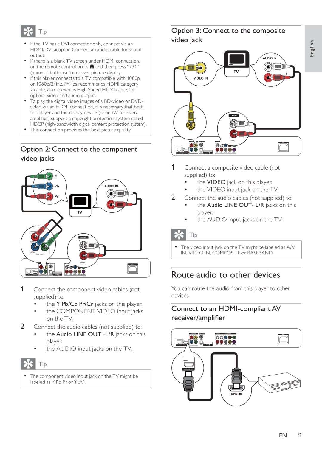 Philips BDP9600 user manual Route audio to other devices, Option 2 Connect to the component video jacks 