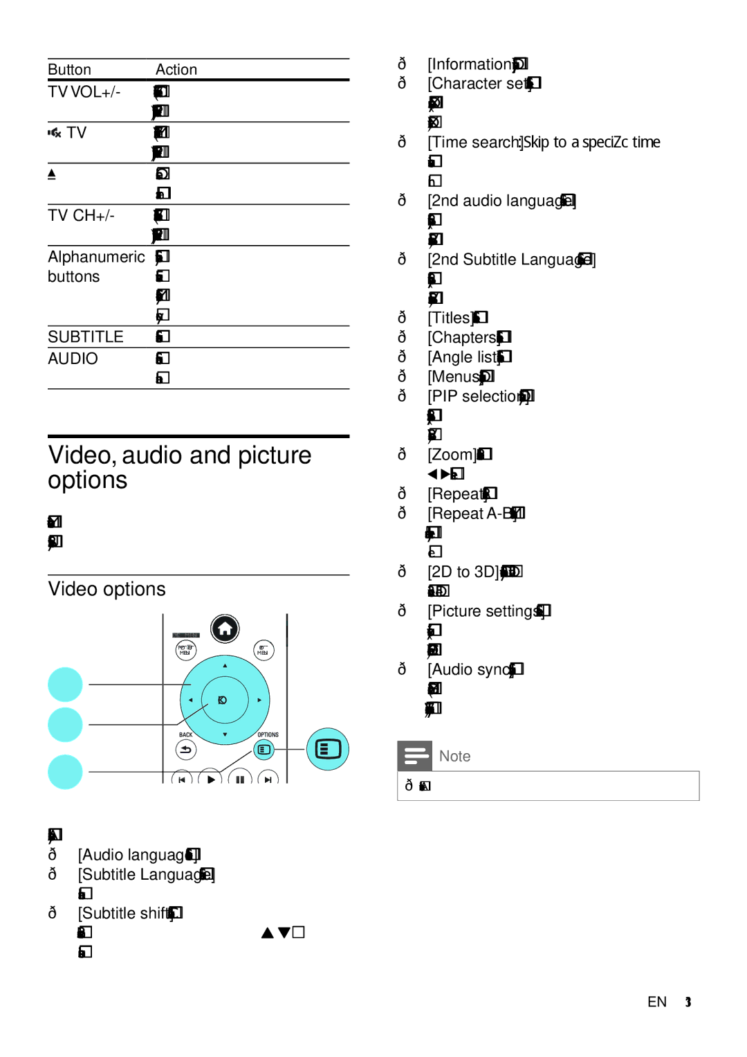 Philips BDP9700 user manual Video, audio and picture options, Video options, Tv Vol+, Subtitle, Audio 