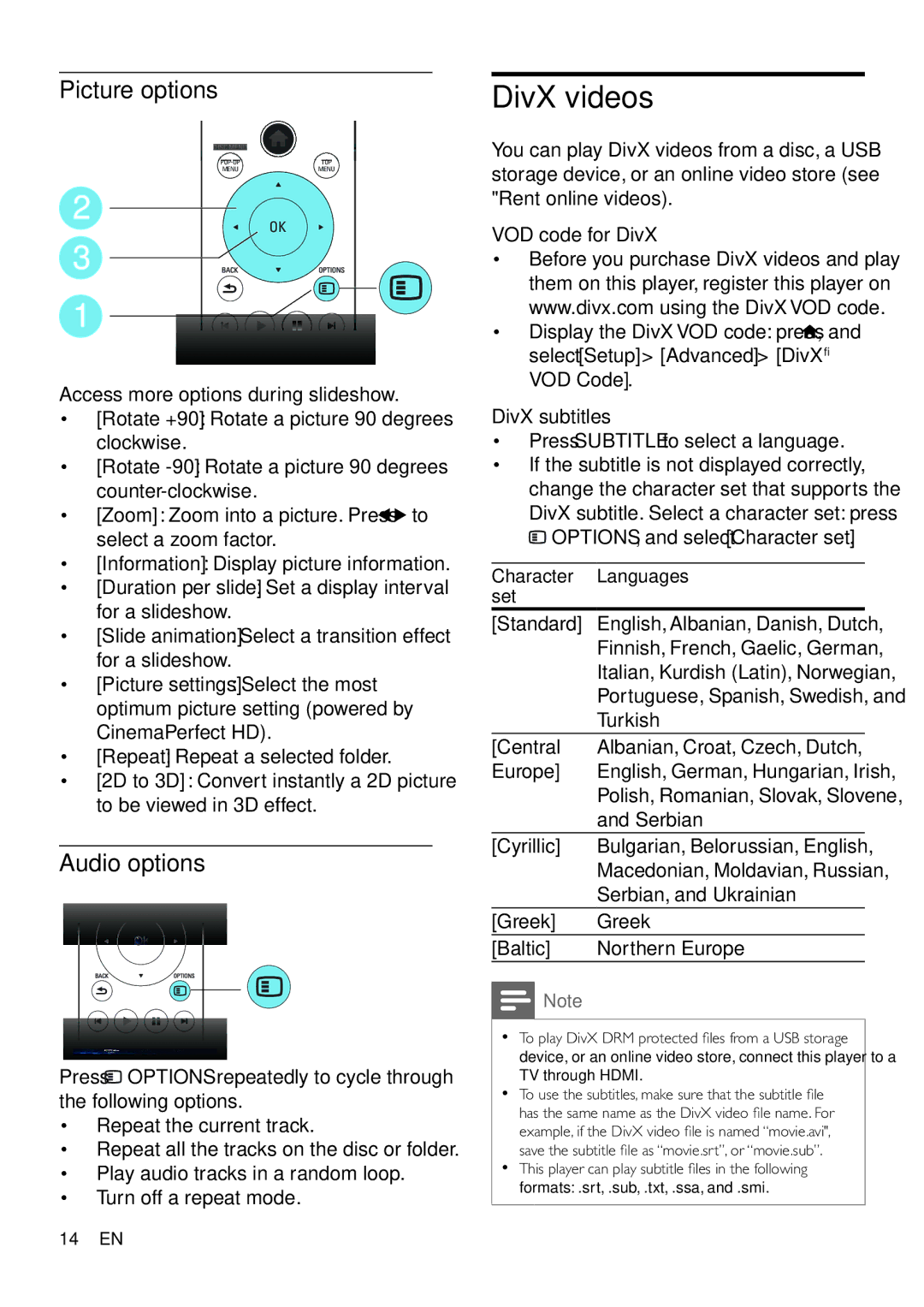 Philips BDP9700 user manual DivX videos, Picture options, Audio options, DivX subtitles Press Subtitle to select a language 