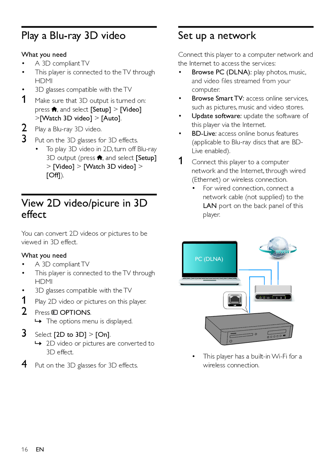 Philips BDP9700 user manual Play a Blu-ray 3D video, View 2D video/picure in 3D effect, Set up a network, Hdmi 