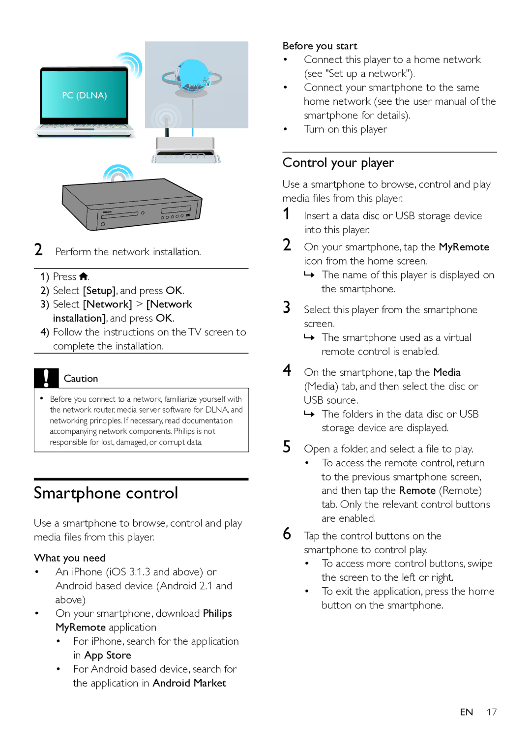 Philips BDP9700 user manual Smartphone control, Control your player, Open a folder, and select a file to play 