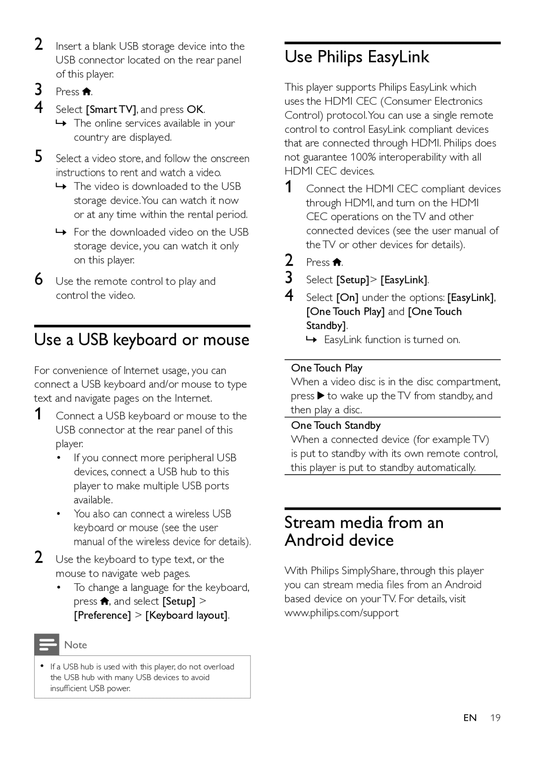 Philips BDP9700 user manual Use a USB keyboard or mouse, Use Philips EasyLink, Stream media from an Android device 