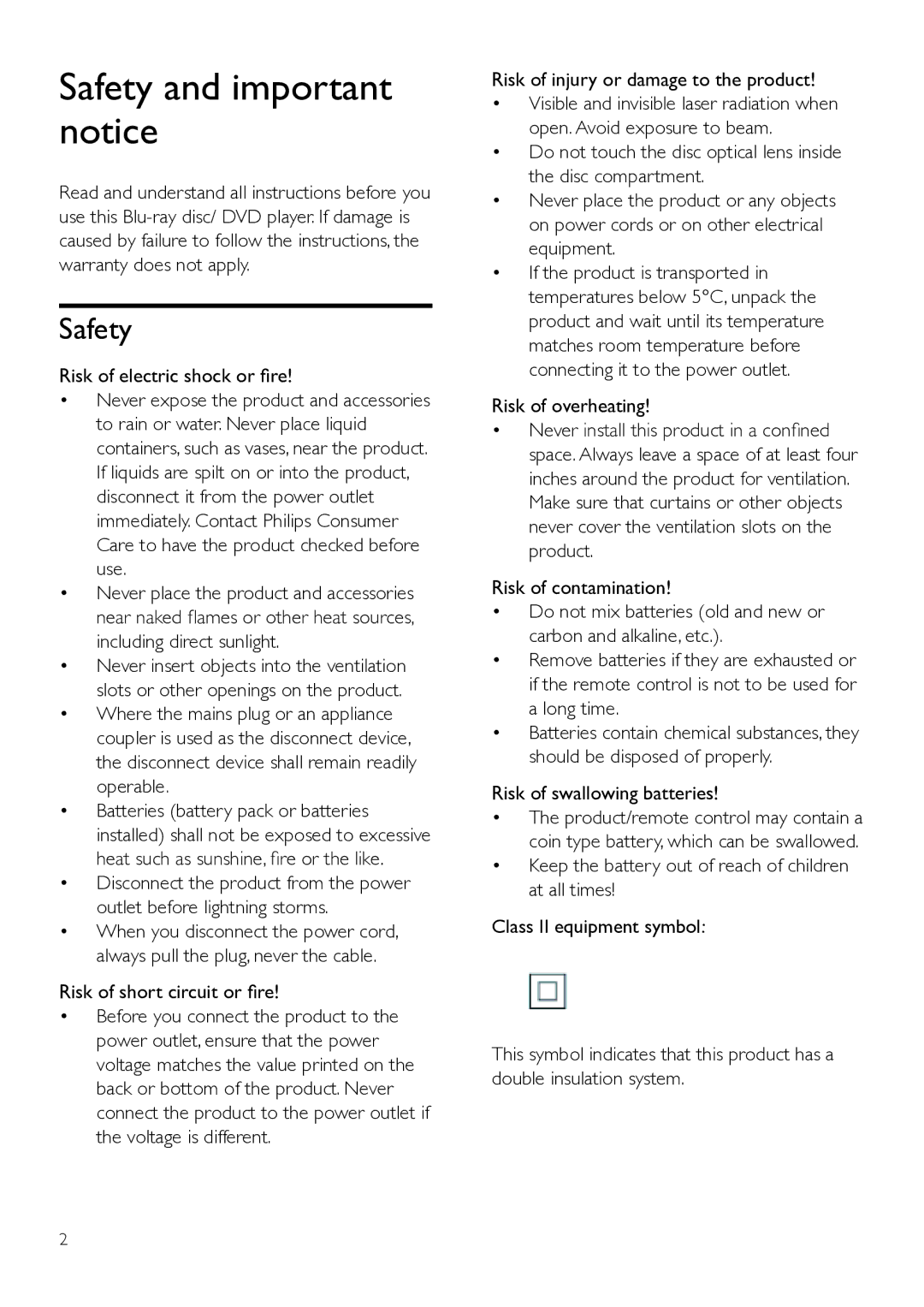 Philips BDP9700 user manual Safety, Risk of electric shock or fire, Risk of overheating, Risk of swallowing batteries 