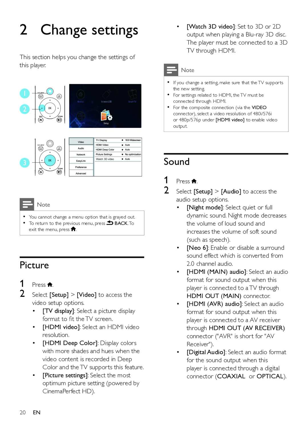 Philips BDP9700 user manual Change settings, Sound, Picture 