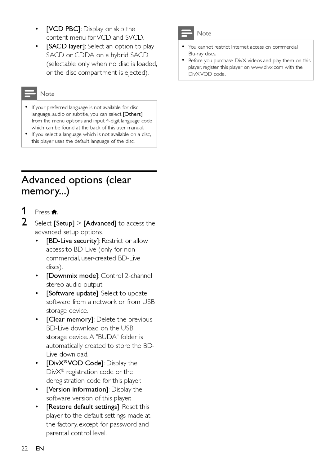 Philips BDP9700 user manual Advanced options clear memory, VCD PBC Display or skip the content menu for VCD and Svcd 