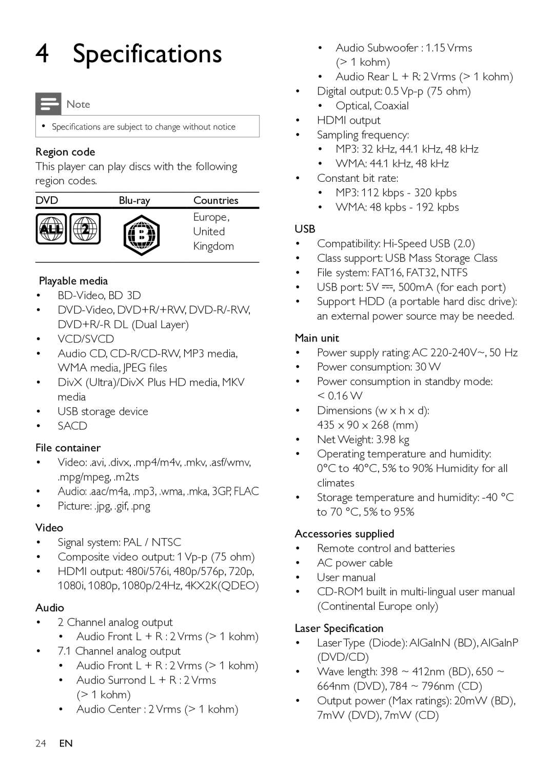 Philips BDP9700 user manual Specifications, Vcd/Svcd, Sacd, Usb 