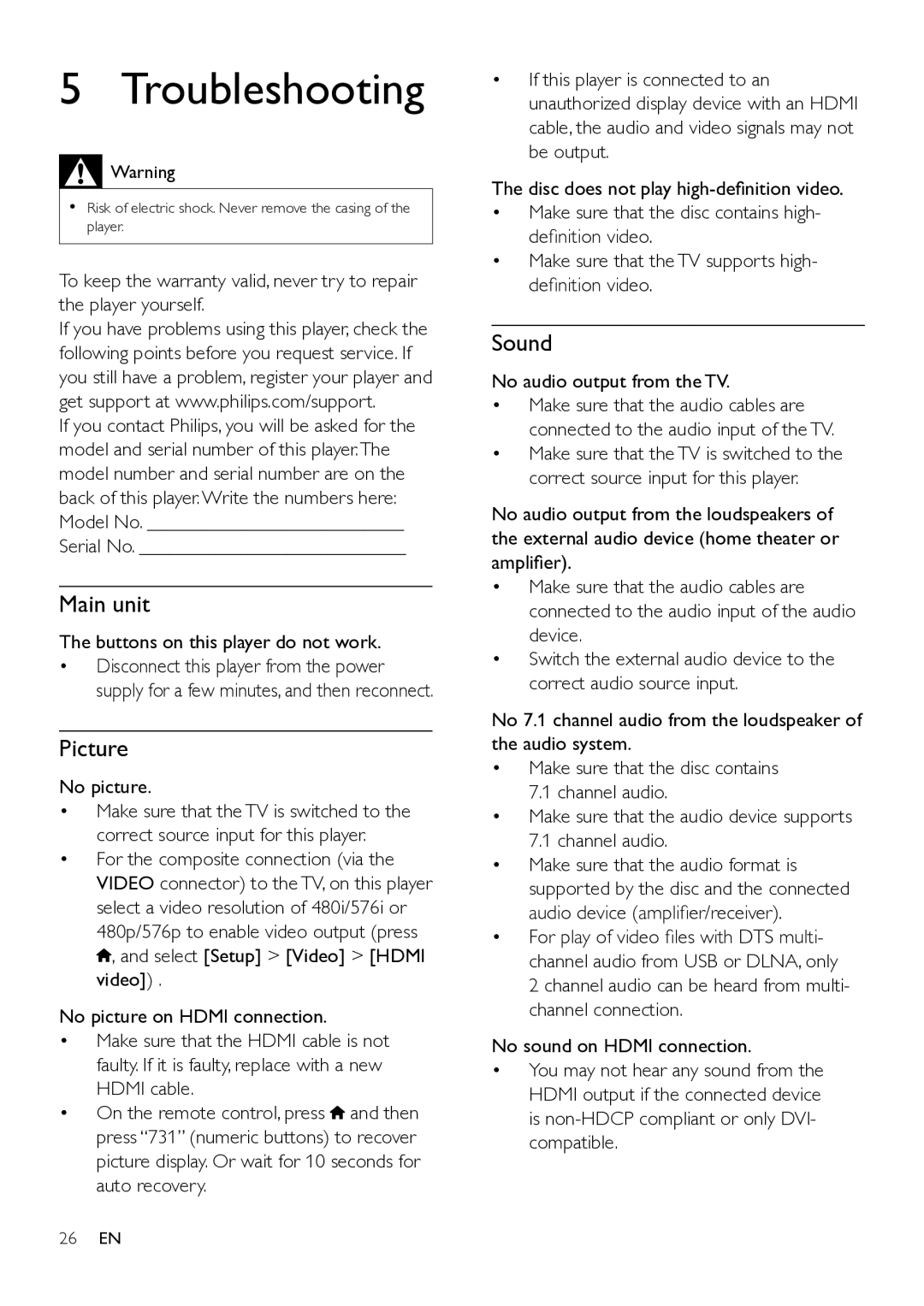 Philips BDP9700 user manual Troubleshooting, Main unit, Picture, Sound 