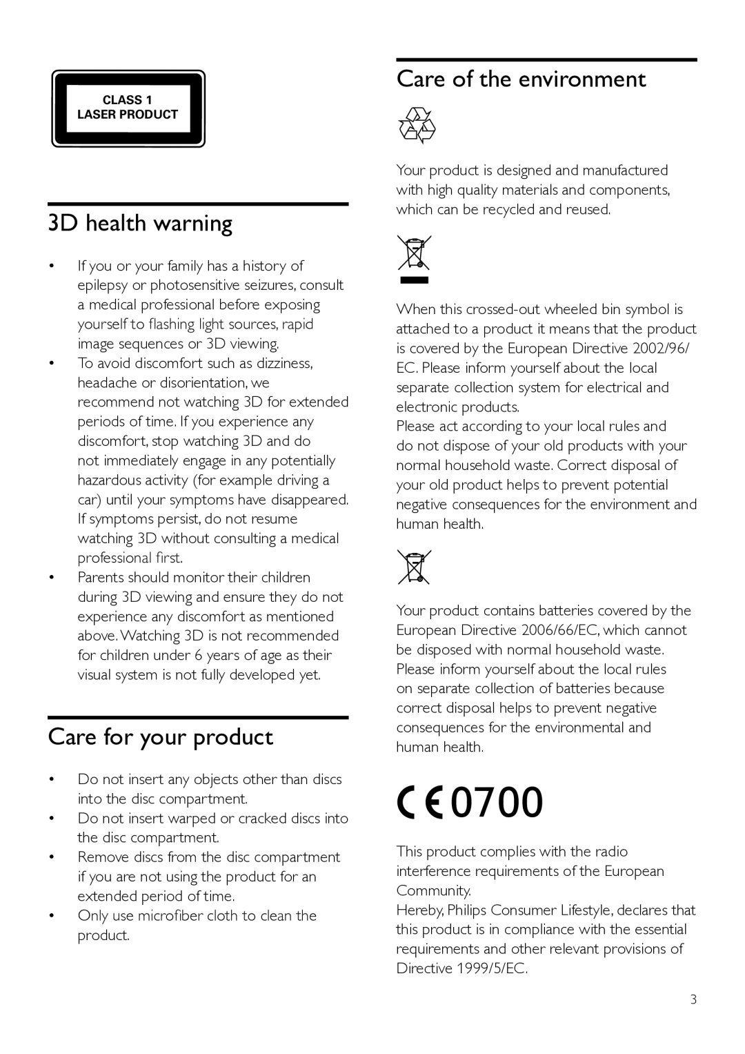 Philips BDP9700 user manual 3D health warning, Care for your product, Care of the environment 