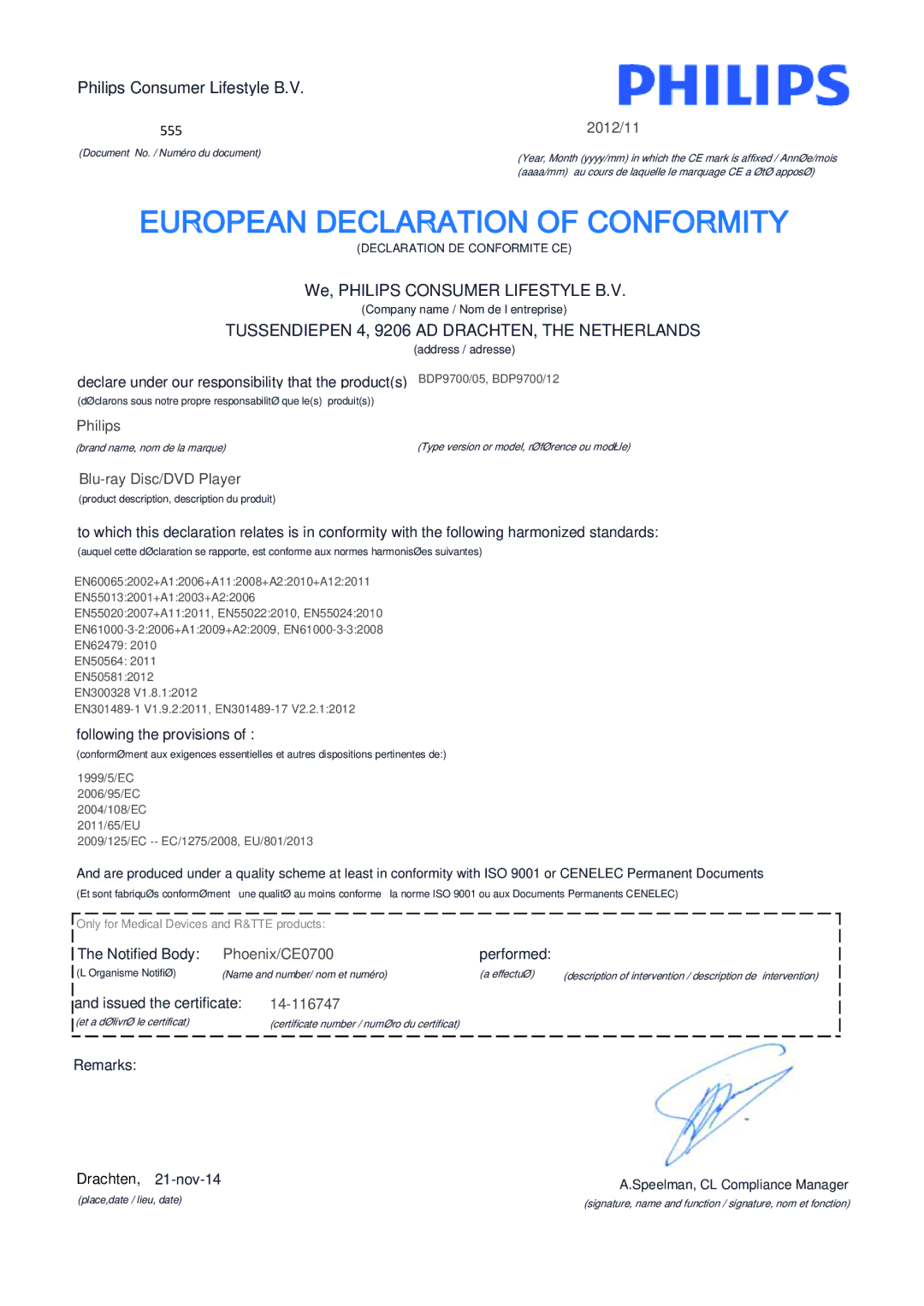 Philips BDP9700 user manual European Declaration of Conformity 