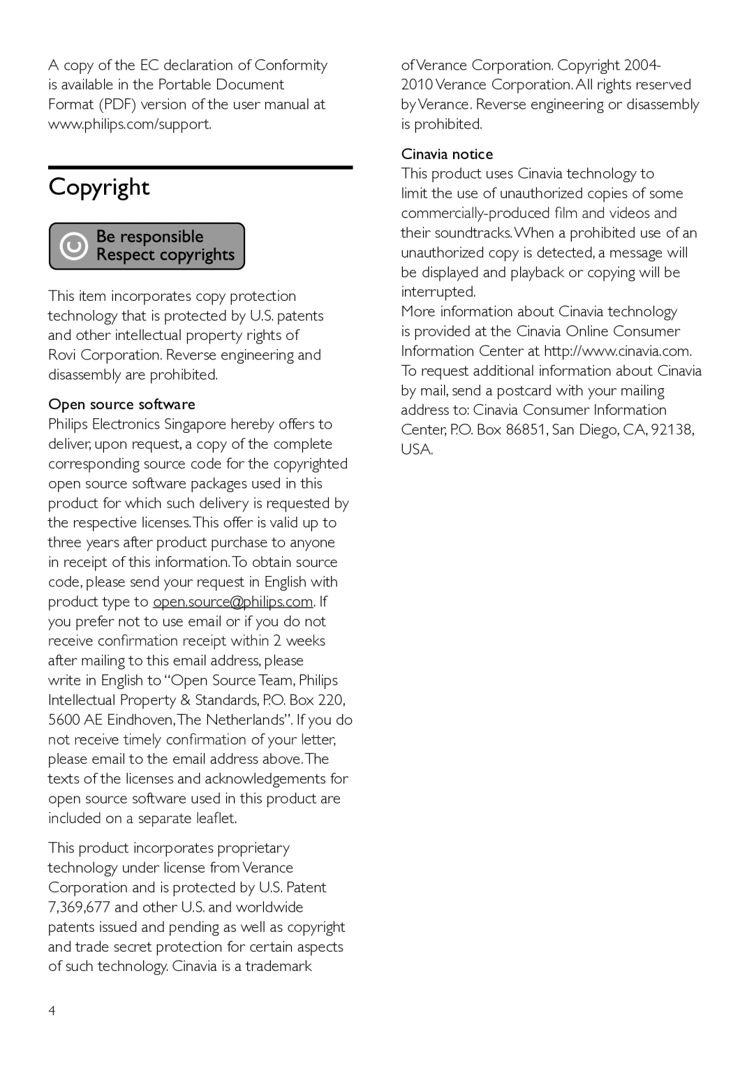 Philips BDP9700 user manual Open source software, Verance Corporation. Copyright, Cinavia notice 