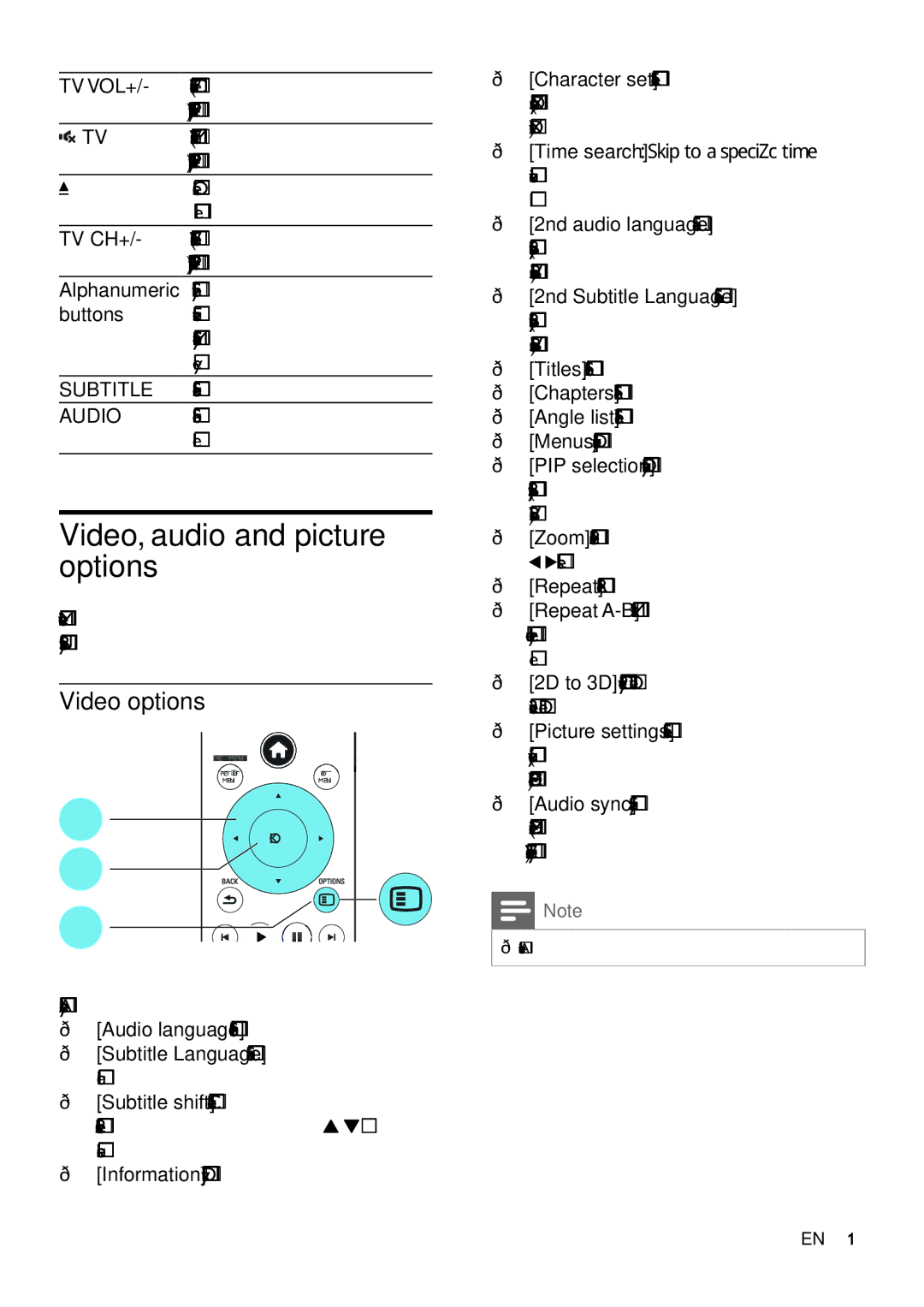 Philips BDP9700 user manual Video, audio and picture options, Video options, Tv Vol+, Subtitle, Audio 