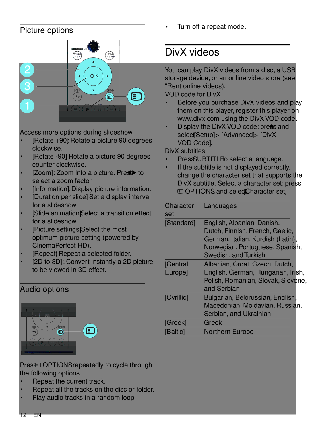 Philips BDP9700 user manual DivX videos, Picture options, Audio options, Turn off a repeat mode 