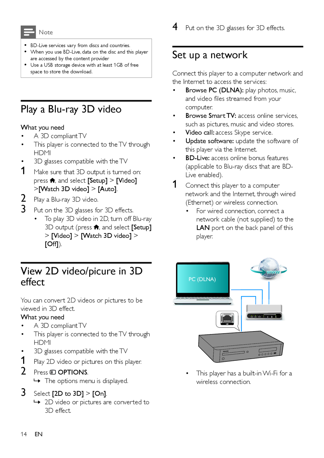 Philips BDP9700 user manual Play a Blu-ray 3D video, View 2D video/picure in 3D effect, Set up a network, Hdmi 