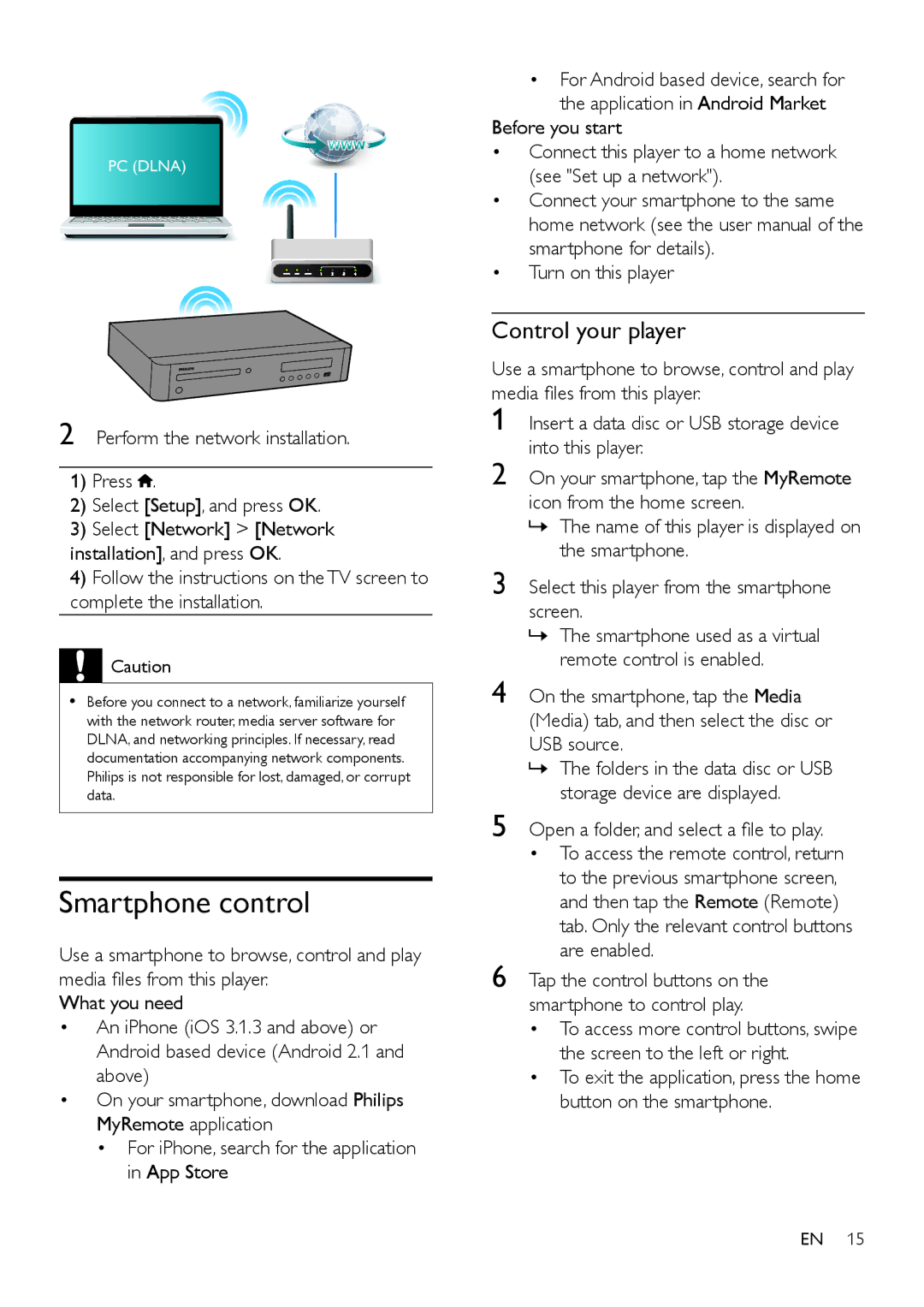 Philips BDP9700 user manual Smartphone control, Control your player, Open a folder, and select a file to play 