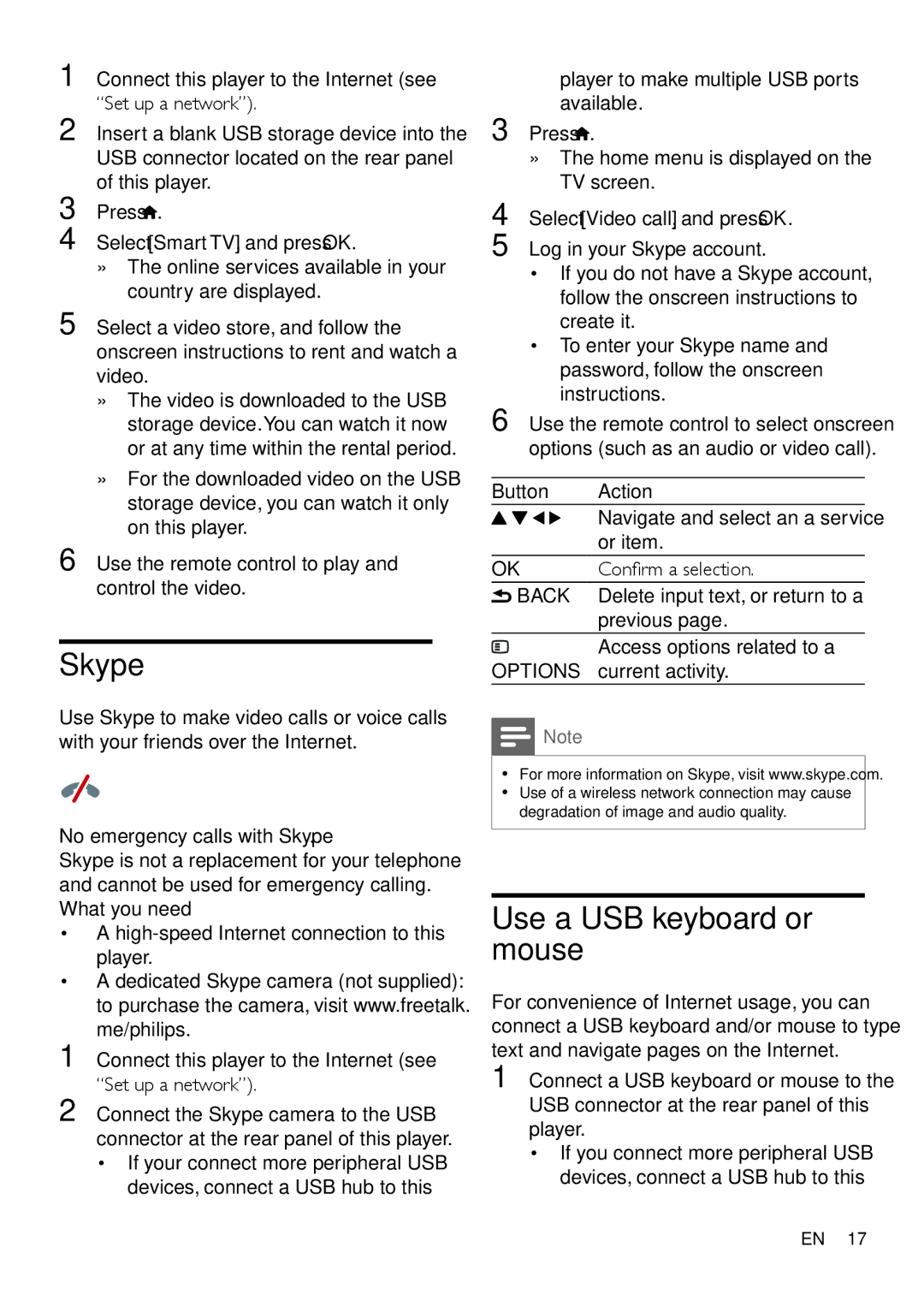 Philips BDP9700 user manual Skype, Use a USB keyboard or mouse 