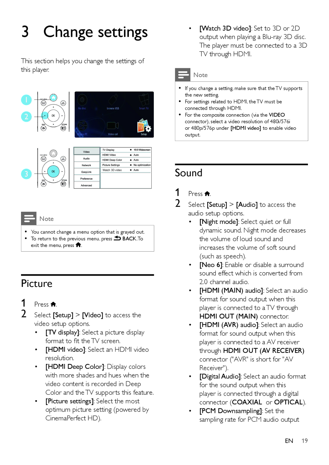 Philips BDP9700 user manual Change settings, Sound, Picture 