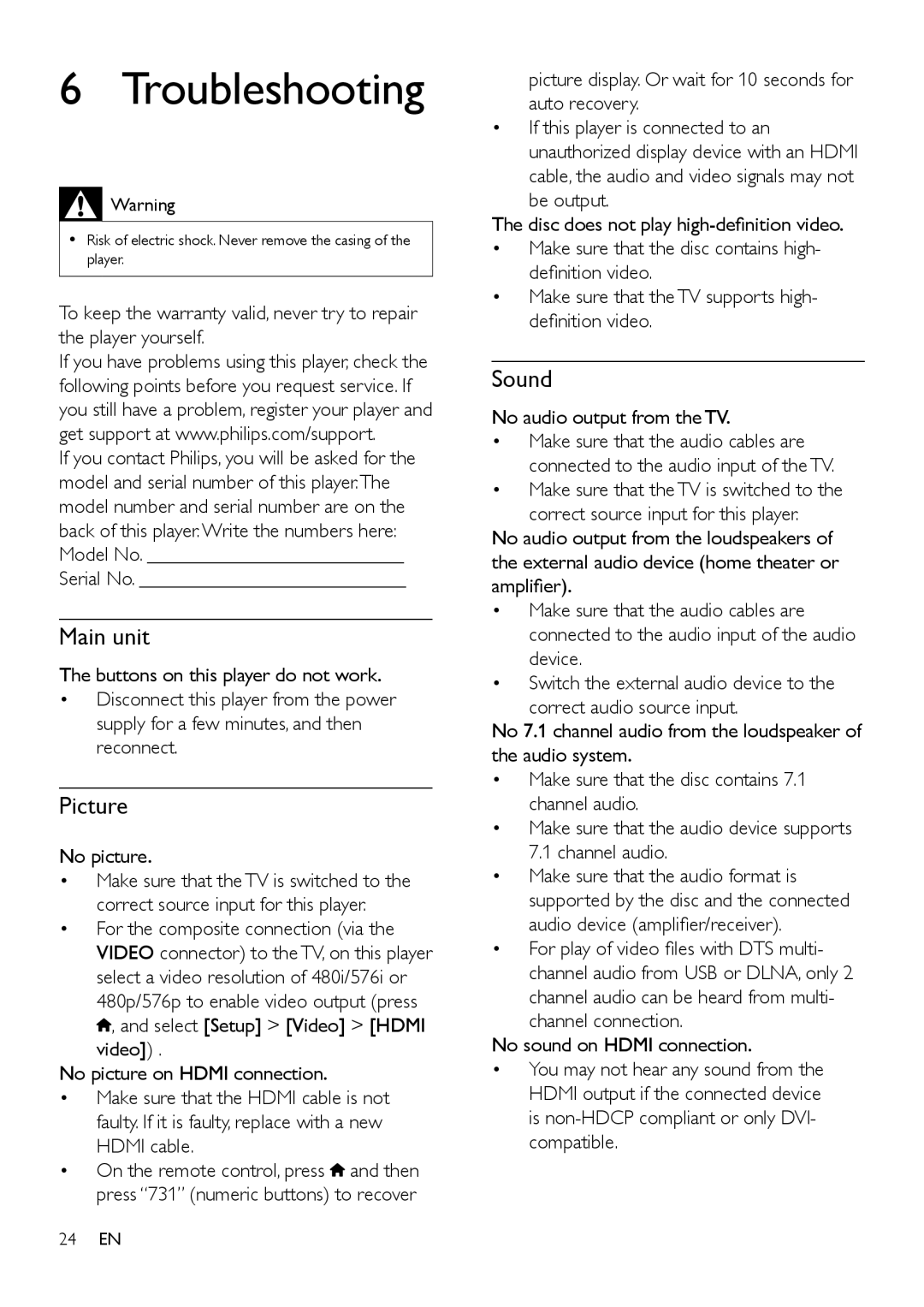 Philips BDP9700 user manual Troubleshooting, Main unit, Picture, Sound 