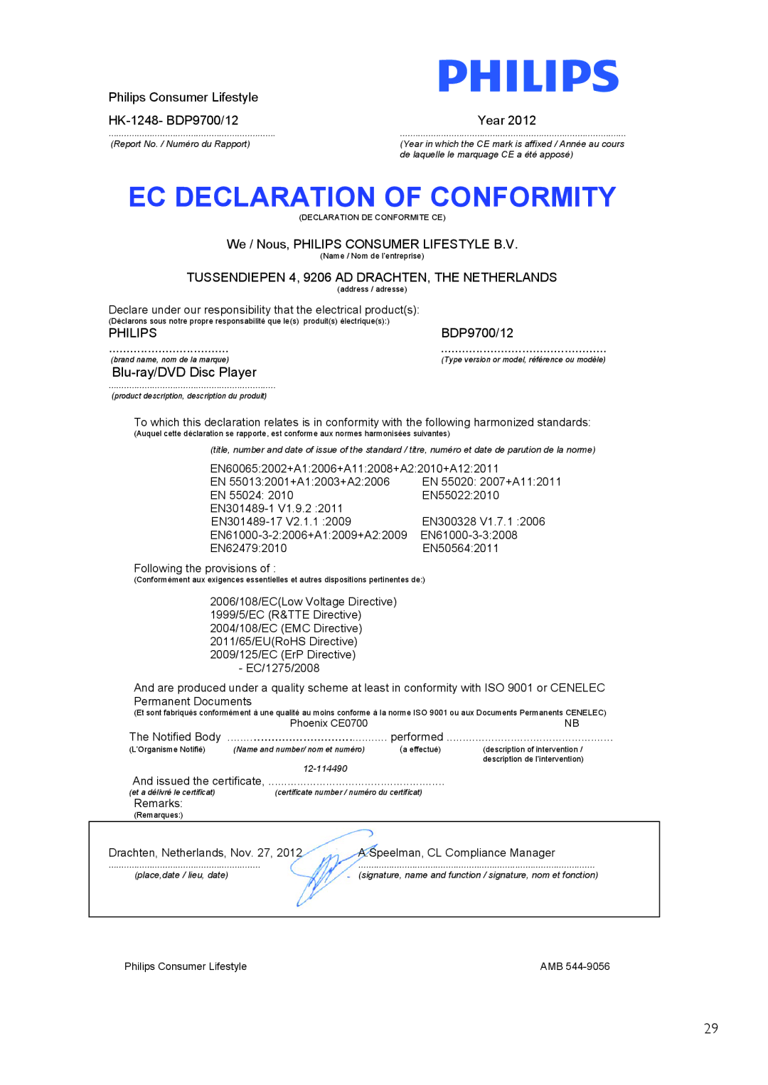 Philips BDP9700 user manual EC Declaration of Conformity 