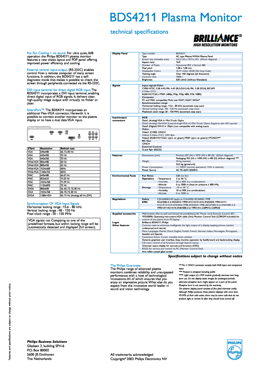 Philips BDS4211 Plasma Monitor, technical specifications, Specifications subject to change without notice, P.O. Box 
