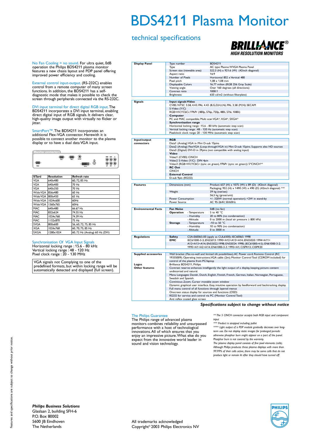 Philips BDS4211 STard Resolution Refresh rate, Display Panel, Signals Input signals Video, Computer, Synchronisation range 