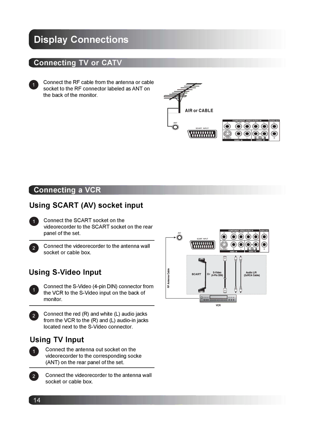 Philips BDS4221/00 user manual Display Connections, Connecting TV or Catv, Connecting a VCR 